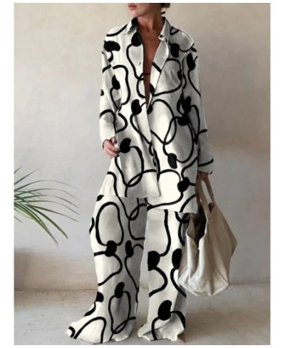 Casual Print Two Piece Suit Office Lady Suit Fashion Commuter Suit Women Loose Long Sleeve Shirt Straight Pant Sets Tracksuit...