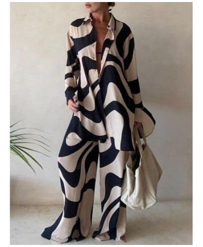 Casual Print Two Piece Suit Office Lady Suit Fashion Commuter Suit Women Loose Long Sleeve Shirt Straight Pant Sets Tracksuit...