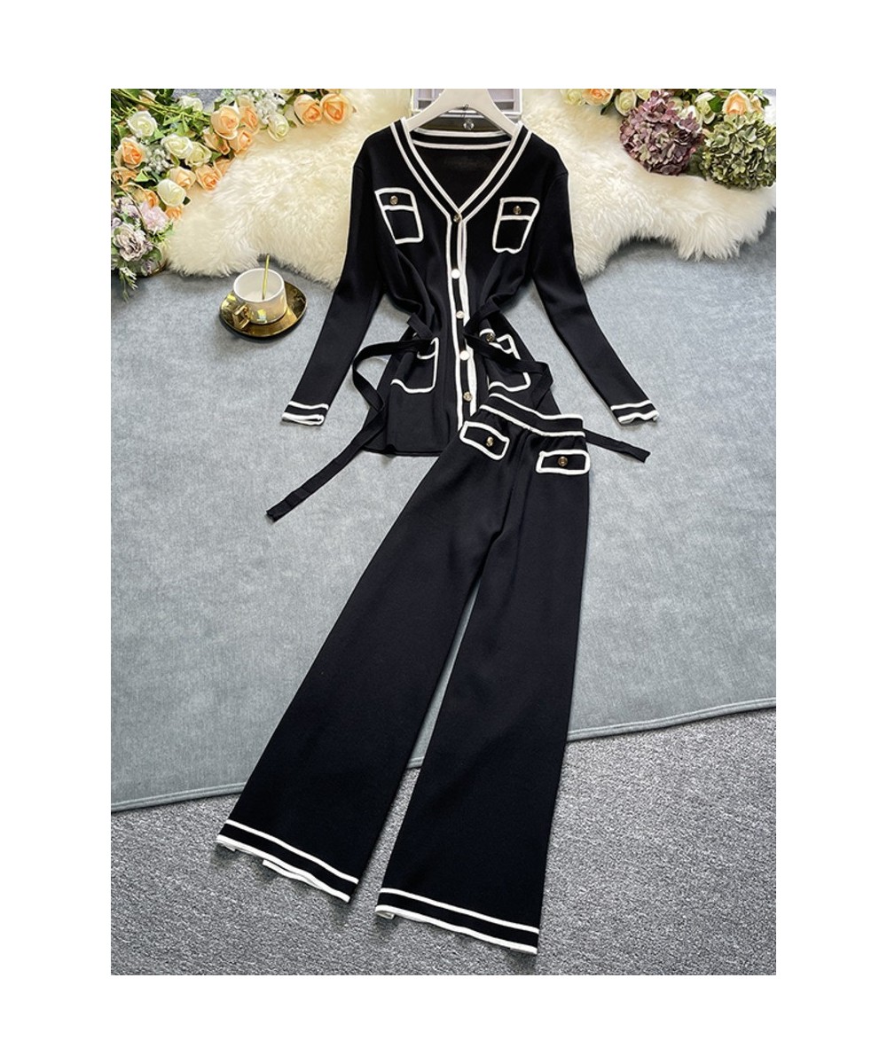 Autumn And Winter Long-Sleeve Knit Suits Lace-Up Waist Mid-Length V-Neck Cardigan + Wide-Leg Pants Two-Piece Outfits Female $...