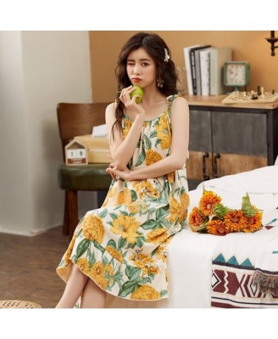 Women Nightgowns Cotton Night Dress Sexy Spaghetti Strap V-Neck Casual Home Dress Night Shirt Floral Print Sleepwear Nightwea...