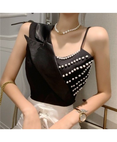 Sexy Lady Bead Work Sleeveless Bloues Woman Sleeveless Pearl Tops Femme Irregualr Shirts Office Lady Tops $43.14 - Women Tops