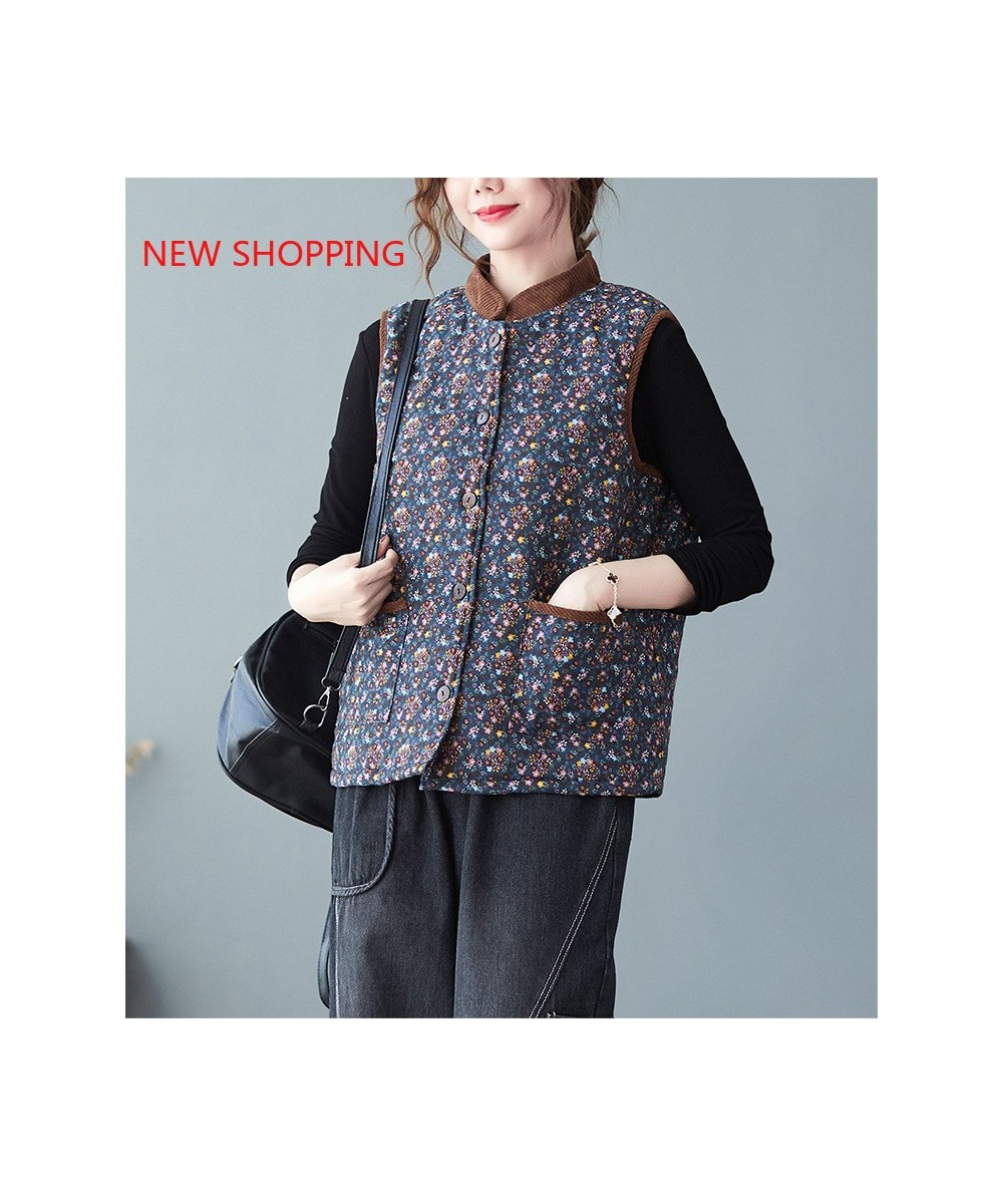 Vintage Print Women Vest Jacket Cotton Linen Quilted New Ethnic Style Fashion Warm Plus Velvet Thick Vest Coat Winter Waistco...