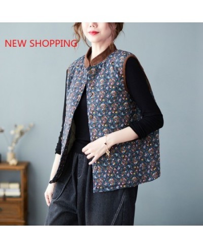 Vintage Print Women Vest Jacket Cotton Linen Quilted New Ethnic Style Fashion Warm Plus Velvet Thick Vest Coat Winter Waistco...