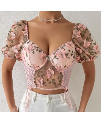 Backless Woman Blouse Fishbon Corset Built In Bra Butterfly Embroidery Mesh Patchwork Lace-up Blouses Female $30.33 - Women Tops