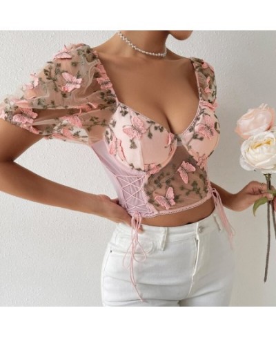 Backless Woman Blouse Fishbon Corset Built In Bra Butterfly Embroidery Mesh Patchwork Lace-up Blouses Female $30.33 - Women Tops