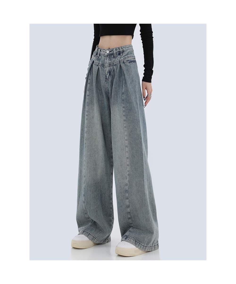 American Retro Blue Straight Leg Jeans Women's Spring And Autumn Design Feel Droopy Loose Wide Leg Mop Denim Trousers Female ...