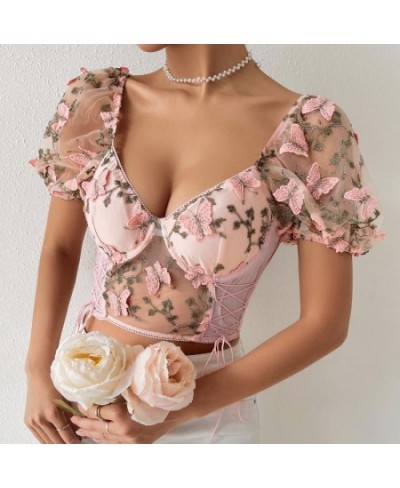 Backless Woman Blouse Fishbon Corset Built In Bra Butterfly Embroidery Mesh Patchwork Lace-up Blouses Female $30.33 - Women Tops