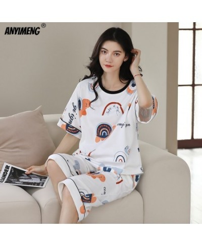 Summer Plus Size Women's Pajamas Set Lady's Soft Cotton Knee-length Short Sleeve Sleepwear Girls Chic Casual Vintage Pijamas ...