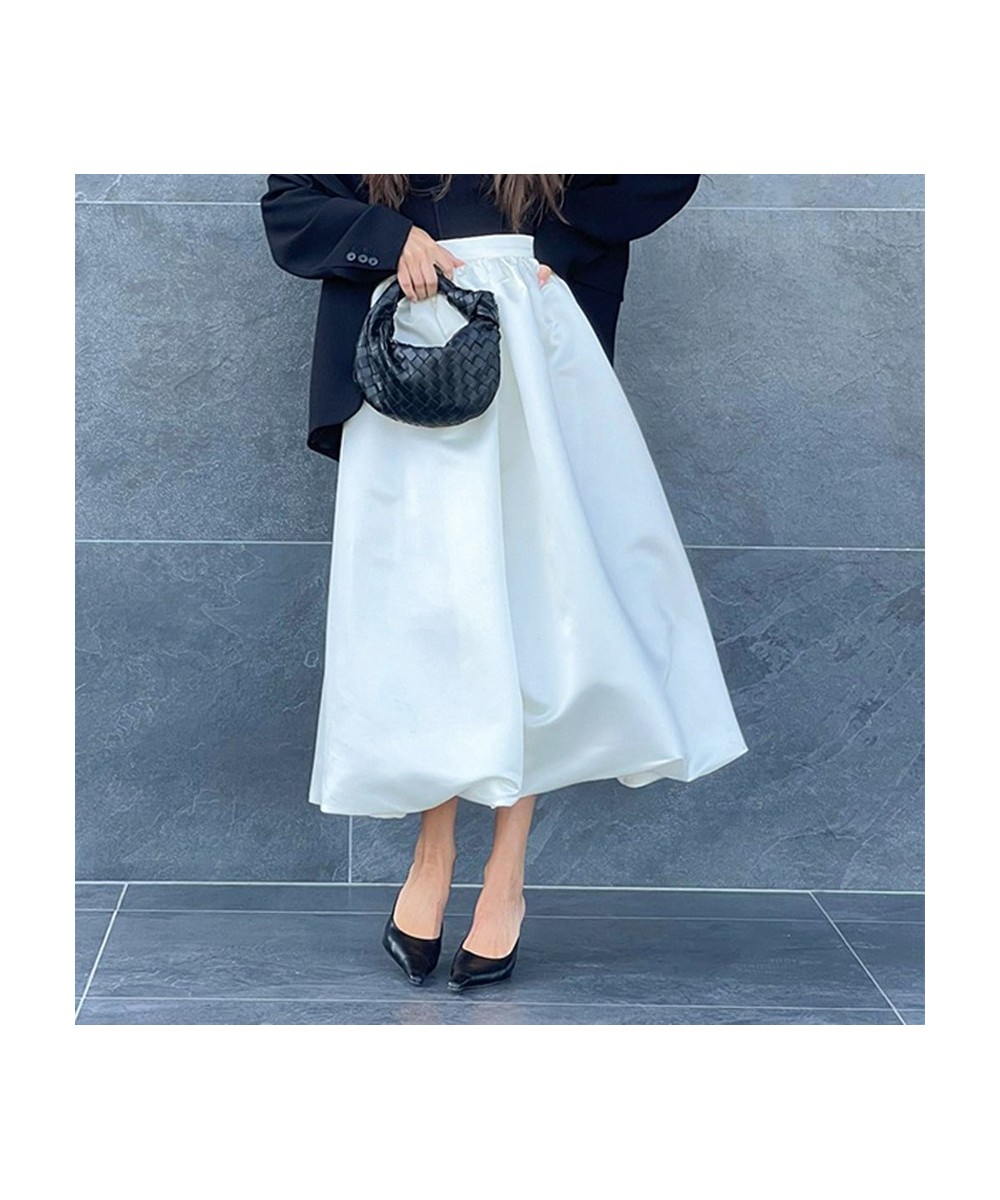 Fashion White Satin Pompon Skirts for Women Elegant High Waist A-line Skirt Casual Loose Skirt Simple Solid Color Female $44....