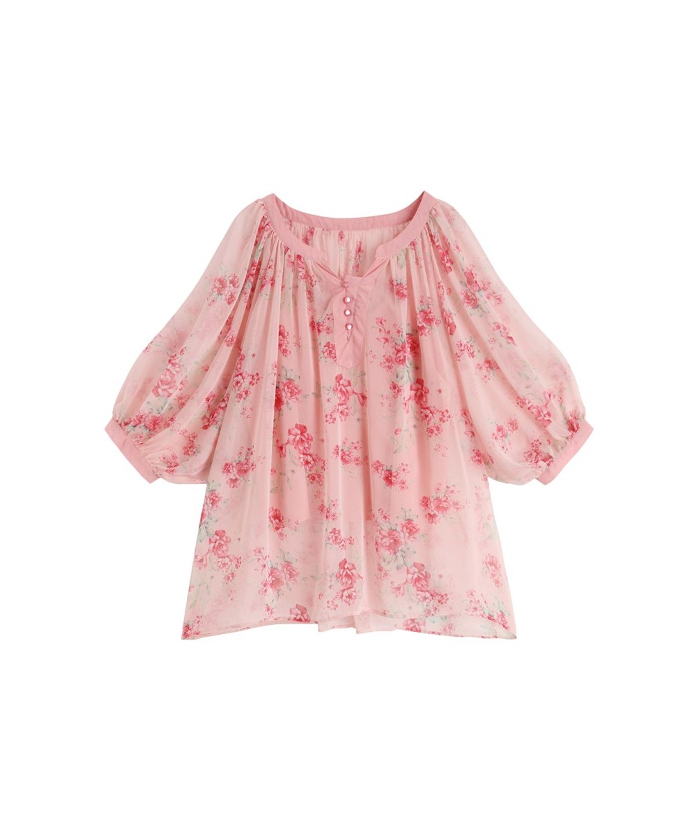 Summer Original Design Women Fresh Sweet Pink Oversized Blouses Lantern Sleeve Floral Print Casual Loose Chiffon Shirts $99.1...