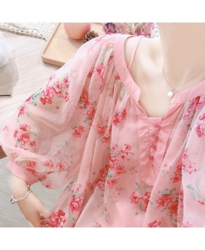 Summer Original Design Women Fresh Sweet Pink Oversized Blouses Lantern Sleeve Floral Print Casual Loose Chiffon Shirts $99.1...