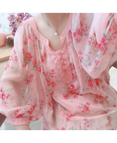 Summer Original Design Women Fresh Sweet Pink Oversized Blouses Lantern Sleeve Floral Print Casual Loose Chiffon Shirts $99.1...