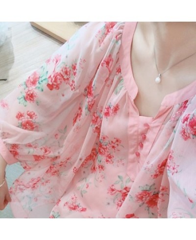 Summer Original Design Women Fresh Sweet Pink Oversized Blouses Lantern Sleeve Floral Print Casual Loose Chiffon Shirts $99.1...