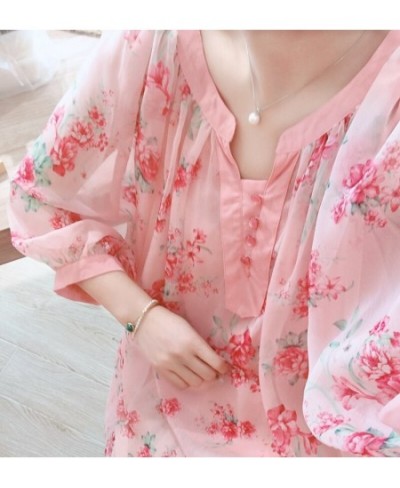 Summer Original Design Women Fresh Sweet Pink Oversized Blouses Lantern Sleeve Floral Print Casual Loose Chiffon Shirts $99.1...