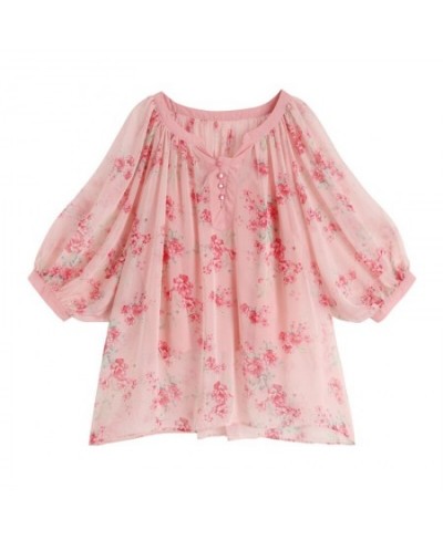 Summer Original Design Women Fresh Sweet Pink Oversized Blouses Lantern Sleeve Floral Print Casual Loose Chiffon Shirts $99.1...