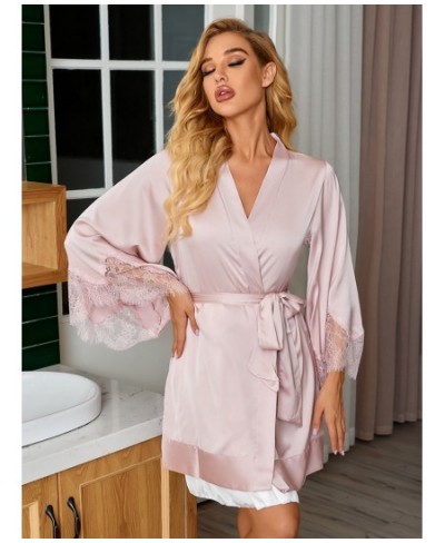 New Silk Kimono Robe Bathrobe Women Silk Bridesmaid Robes Sexy Pink Color Robes Satin Robe Ladies Dressing Gowns $33.44 - Sle...