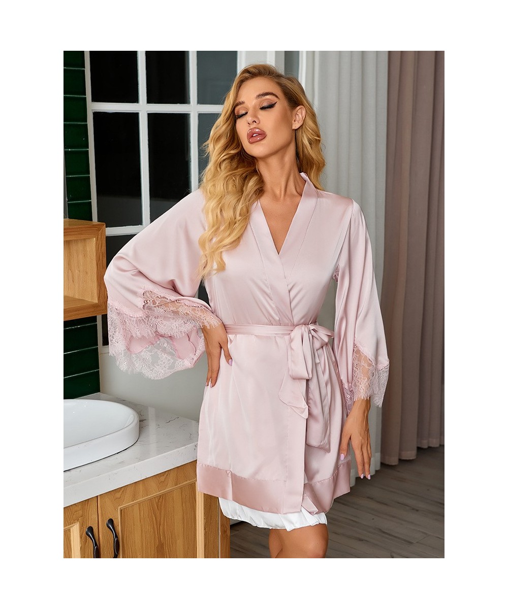 New Silk Kimono Robe Bathrobe Women Silk Bridesmaid Robes Sexy Pink Color Robes Satin Robe Ladies Dressing Gowns $33.44 - Sle...