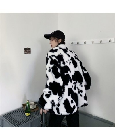 Winter Furry Teddy Coat Women Harajuku Dairy Milk Cow Print Loose Faux Fur Jacket Vintage Hip Hop Warm Streetwear Fuzzy Cute ...