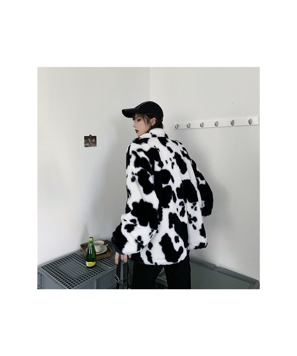 Winter Furry Teddy Coat Women Harajuku Dairy Milk Cow Print Loose Faux Fur Jacket Vintage Hip Hop Warm Streetwear Fuzzy Cute ...