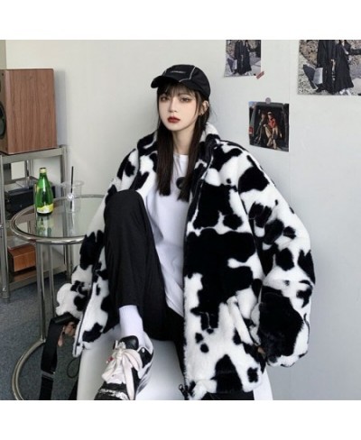 Winter Furry Teddy Coat Women Harajuku Dairy Milk Cow Print Loose Faux Fur Jacket Vintage Hip Hop Warm Streetwear Fuzzy Cute ...