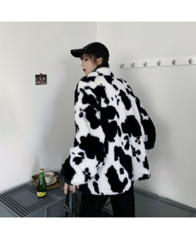 Winter Furry Teddy Coat Women Harajuku Dairy Milk Cow Print Loose Faux Fur Jacket Vintage Hip Hop Warm Streetwear Fuzzy Cute ...