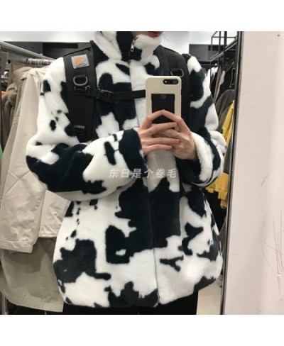 Winter Furry Teddy Coat Women Harajuku Dairy Milk Cow Print Loose Faux Fur Jacket Vintage Hip Hop Warm Streetwear Fuzzy Cute ...