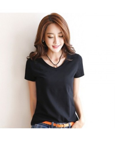 2022 Summer Short Sleeve T Shirt Women Soft Slim Thin Top Solid Casual Daily T-Shirt V-neck Tees Basic Office Lady $12.05 - T...