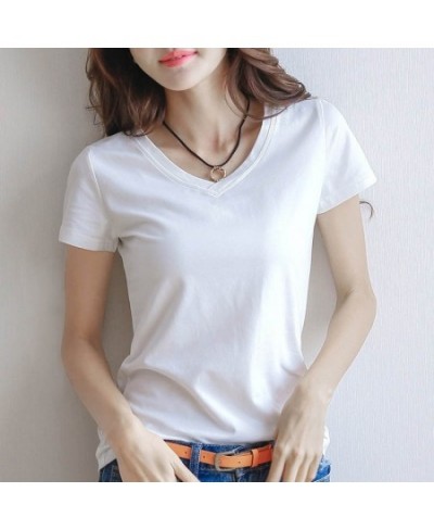 2022 Summer Short Sleeve T Shirt Women Soft Slim Thin Top Solid Casual Daily T-Shirt V-neck Tees Basic Office Lady $12.05 - T...