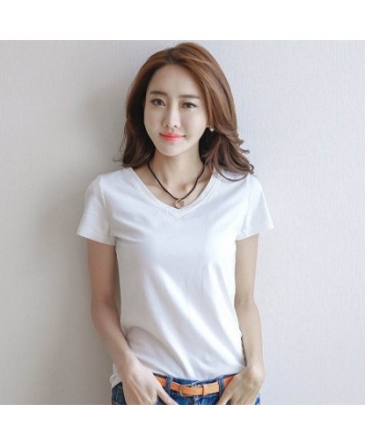 2022 Summer Short Sleeve T Shirt Women Soft Slim Thin Top Solid Casual Daily T-Shirt V-neck Tees Basic Office Lady $12.05 - T...