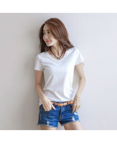 2022 Summer Short Sleeve T Shirt Women Soft Slim Thin Top Solid Casual Daily T-Shirt V-neck Tees Basic Office Lady $12.05 - T...