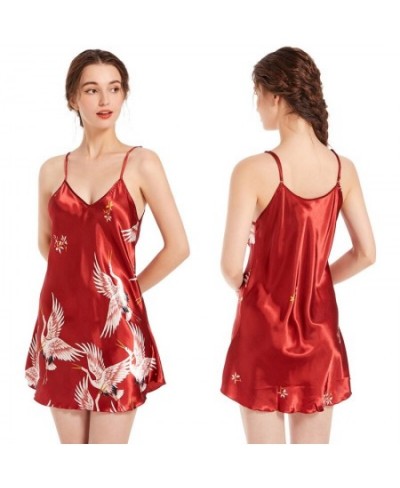 Gift for Women Pajamas Satin Nightgown Crane Print Sleepwear V Neck Lingerie Sexy Spaghetti Strap Nightwear $24.38 - Underwear