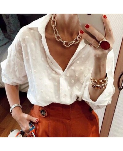 New Streetwear Stylish Personality Shirt Fashion Womens Tops and Blouses Elegant Long Sleeve White OL Shirt Ladies Polka Dot ...