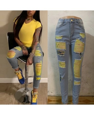 2023 Ripped Jeans For Women Yellow Scratch Denim Pencil Pants High Waisted Stretch Skinny Hollow Out Sexy Female Jeans Mujer ...