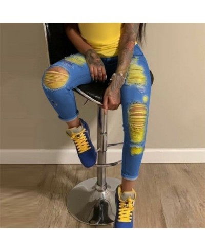 2023 Ripped Jeans For Women Yellow Scratch Denim Pencil Pants High Waisted Stretch Skinny Hollow Out Sexy Female Jeans Mujer ...