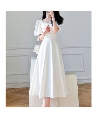 Elegant Chic Beads Square Collar White Party Dresses for Women Summer Ruffled Puff Short Sleeve Slim Fit Fairy Midi Dress $46...