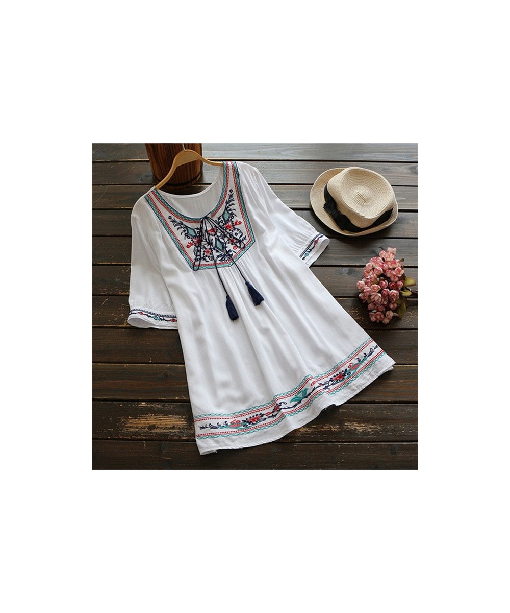 Women Short Sleeve Casual Blouses Shirt Plus Size Women Clothing Blusas Mujer De Moda 2023 Summer Ethnic Boho Embroidery Blou...