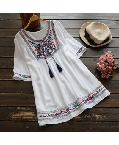 Women Short Sleeve Casual Blouses Shirt Plus Size Women Clothing Blusas Mujer De Moda 2023 Summer Ethnic Boho Embroidery Blou...