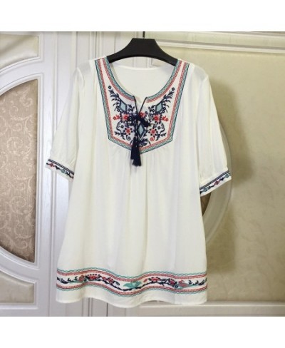 Women Short Sleeve Casual Blouses Shirt Plus Size Women Clothing Blusas Mujer De Moda 2023 Summer Ethnic Boho Embroidery Blou...