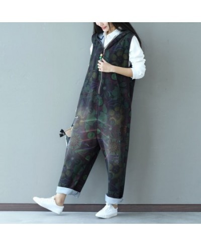 Women Casual Jumpsuits Denim Printed bleached Zipper Hooded Overalls Rompers Female Ladies Printed Vintage Overalls 2023 $78....