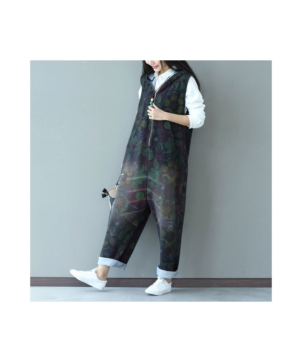 Women Casual Jumpsuits Denim Printed bleached Zipper Hooded Overalls Rompers Female Ladies Printed Vintage Overalls 2023 $78....