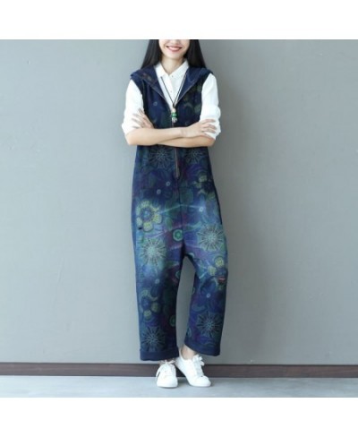 Women Casual Jumpsuits Denim Printed bleached Zipper Hooded Overalls Rompers Female Ladies Printed Vintage Overalls 2023 $78....