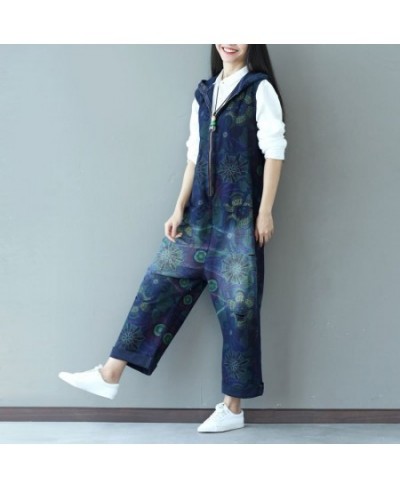 Women Casual Jumpsuits Denim Printed bleached Zipper Hooded Overalls Rompers Female Ladies Printed Vintage Overalls 2023 $78....