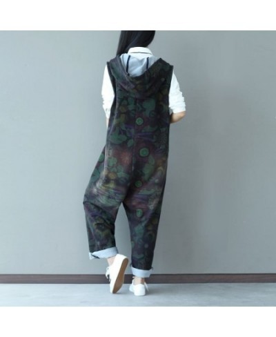 Women Casual Jumpsuits Denim Printed bleached Zipper Hooded Overalls Rompers Female Ladies Printed Vintage Overalls 2023 $78....