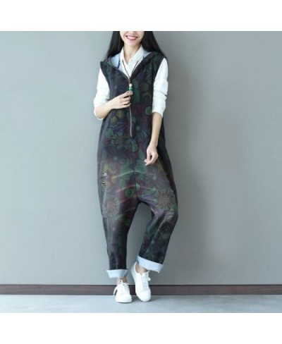 Women Casual Jumpsuits Denim Printed bleached Zipper Hooded Overalls Rompers Female Ladies Printed Vintage Overalls 2023 $78....