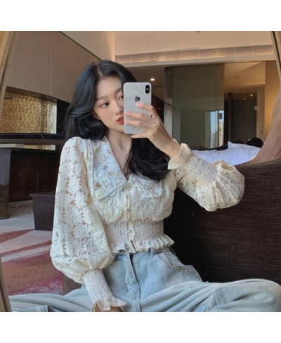 Embroidery Flower Women Crop Blouse Sexy Long Lantern Sleeve Cropped Shirt Female Chic Korean Blouses Elegant Lady Blusas $33...