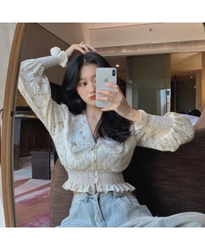 Embroidery Flower Women Crop Blouse Sexy Long Lantern Sleeve Cropped Shirt Female Chic Korean Blouses Elegant Lady Blusas $33...