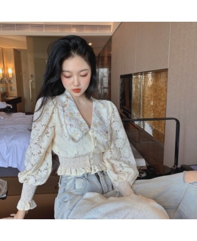 Embroidery Flower Women Crop Blouse Sexy Long Lantern Sleeve Cropped Shirt Female Chic Korean Blouses Elegant Lady Blusas $33...