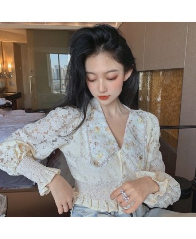 Embroidery Flower Women Crop Blouse Sexy Long Lantern Sleeve Cropped Shirt Female Chic Korean Blouses Elegant Lady Blusas $33...