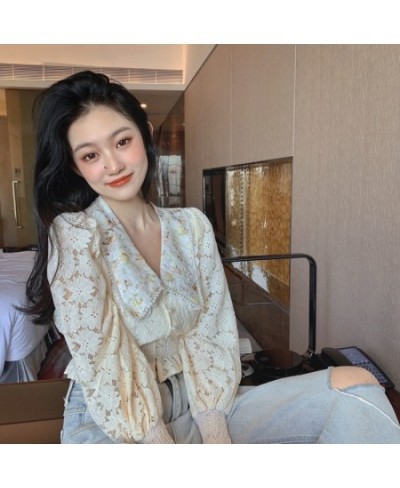 Embroidery Flower Women Crop Blouse Sexy Long Lantern Sleeve Cropped Shirt Female Chic Korean Blouses Elegant Lady Blusas $33...