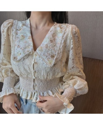 Embroidery Flower Women Crop Blouse Sexy Long Lantern Sleeve Cropped Shirt Female Chic Korean Blouses Elegant Lady Blusas $33...